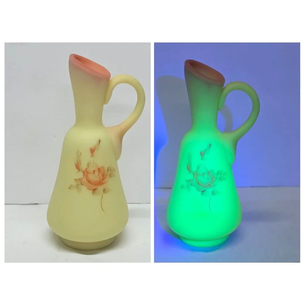 Fenton‎ Custard Burmese Uranium Rose Cruet Hand Painted Vintage 70s Glows in UV